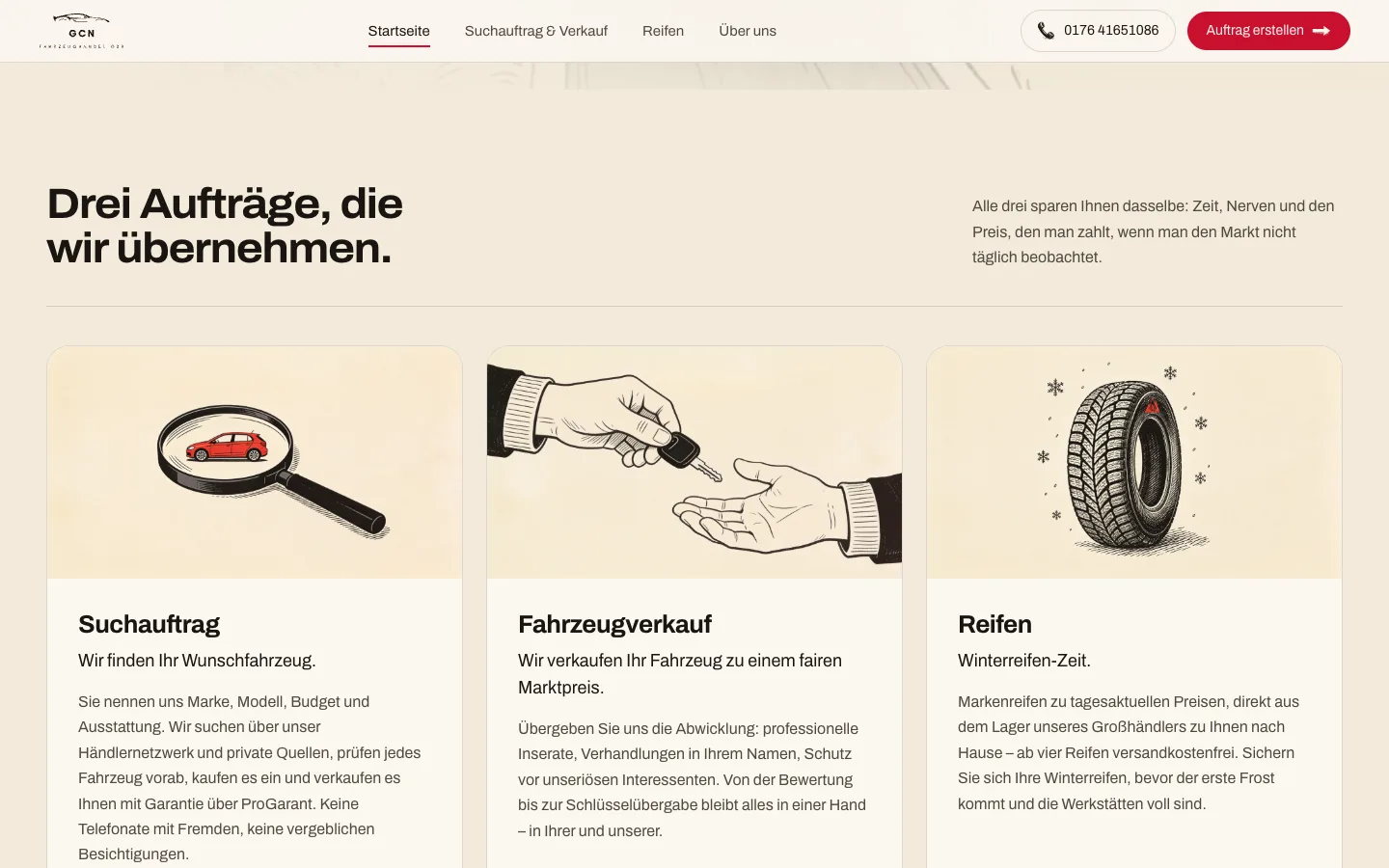 Übersicht der drei Aufträge Suchauftrag, Fahrzeugverkauf und Reifen