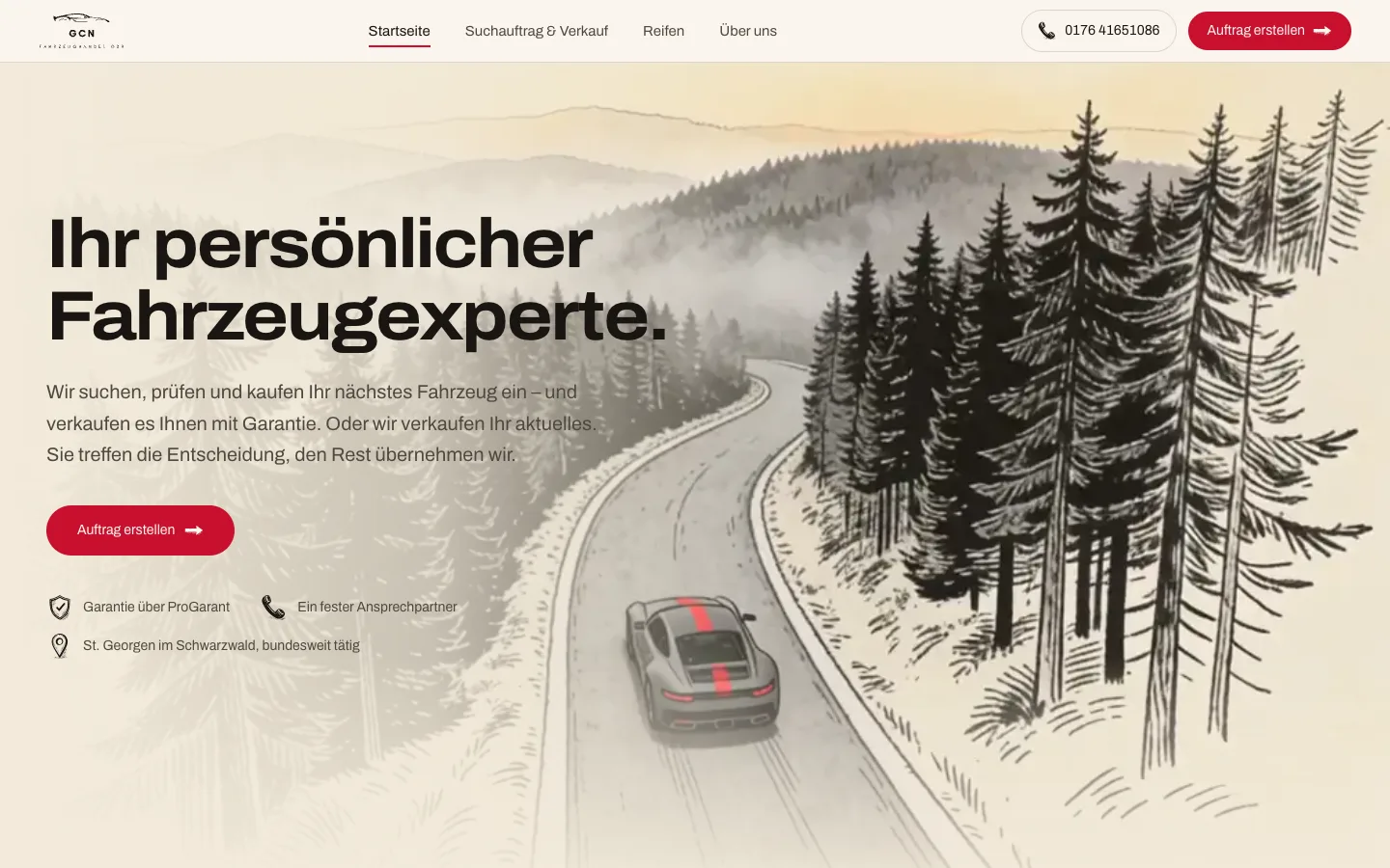 Startseite von gcn-fahrzeughandel.de mit gezeichneter Schwarzwaldstraße