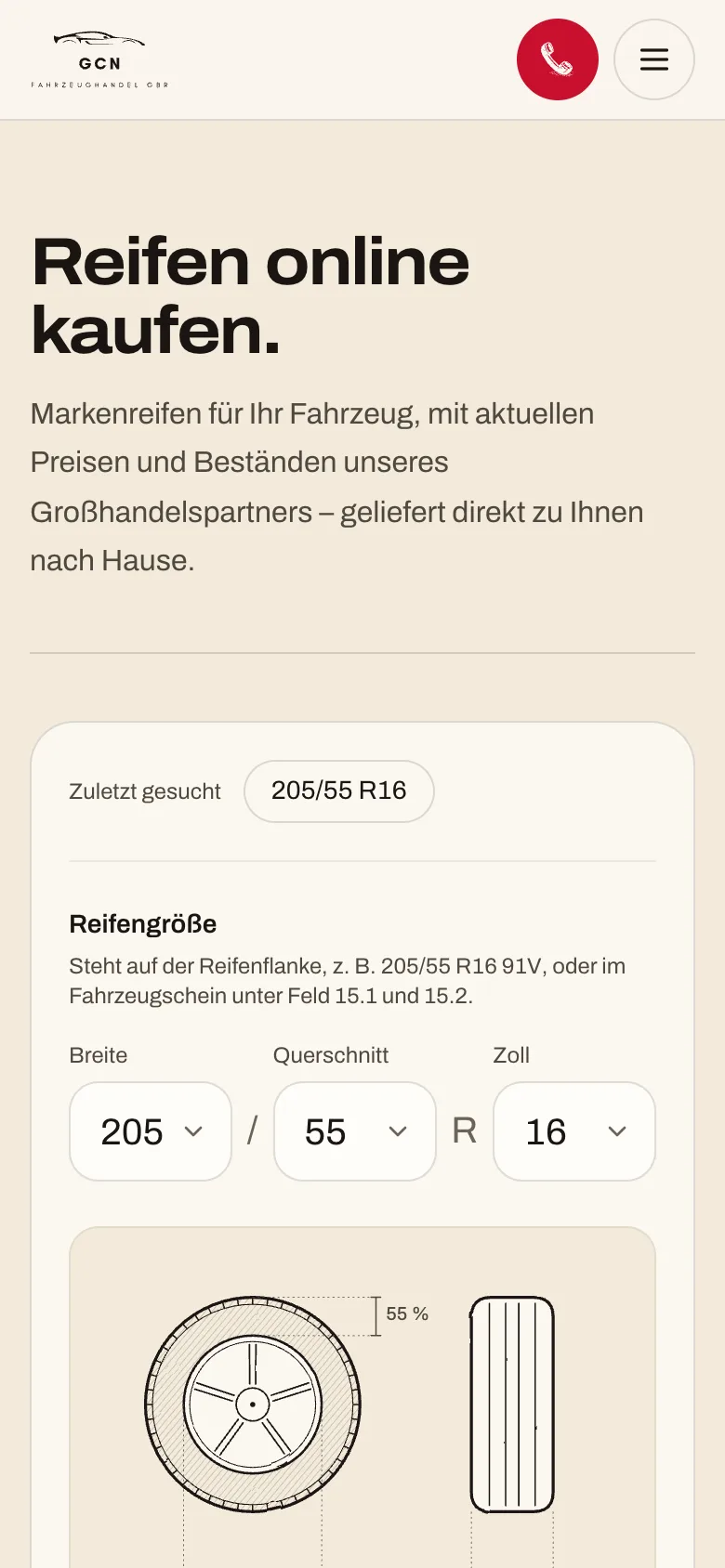 Reifen-Konfigurator auf dem Smartphone