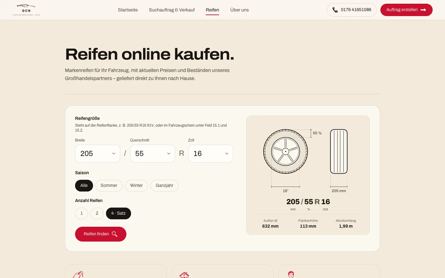 Reifen-Konfigurator mit Größenauswahl und Live-Zeichnung